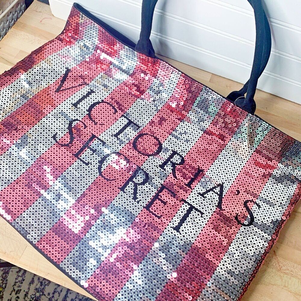 VICTORIAS SECRET Pink Silver Stripe Sequin Bling Weekender Tote Bag Limited Ed